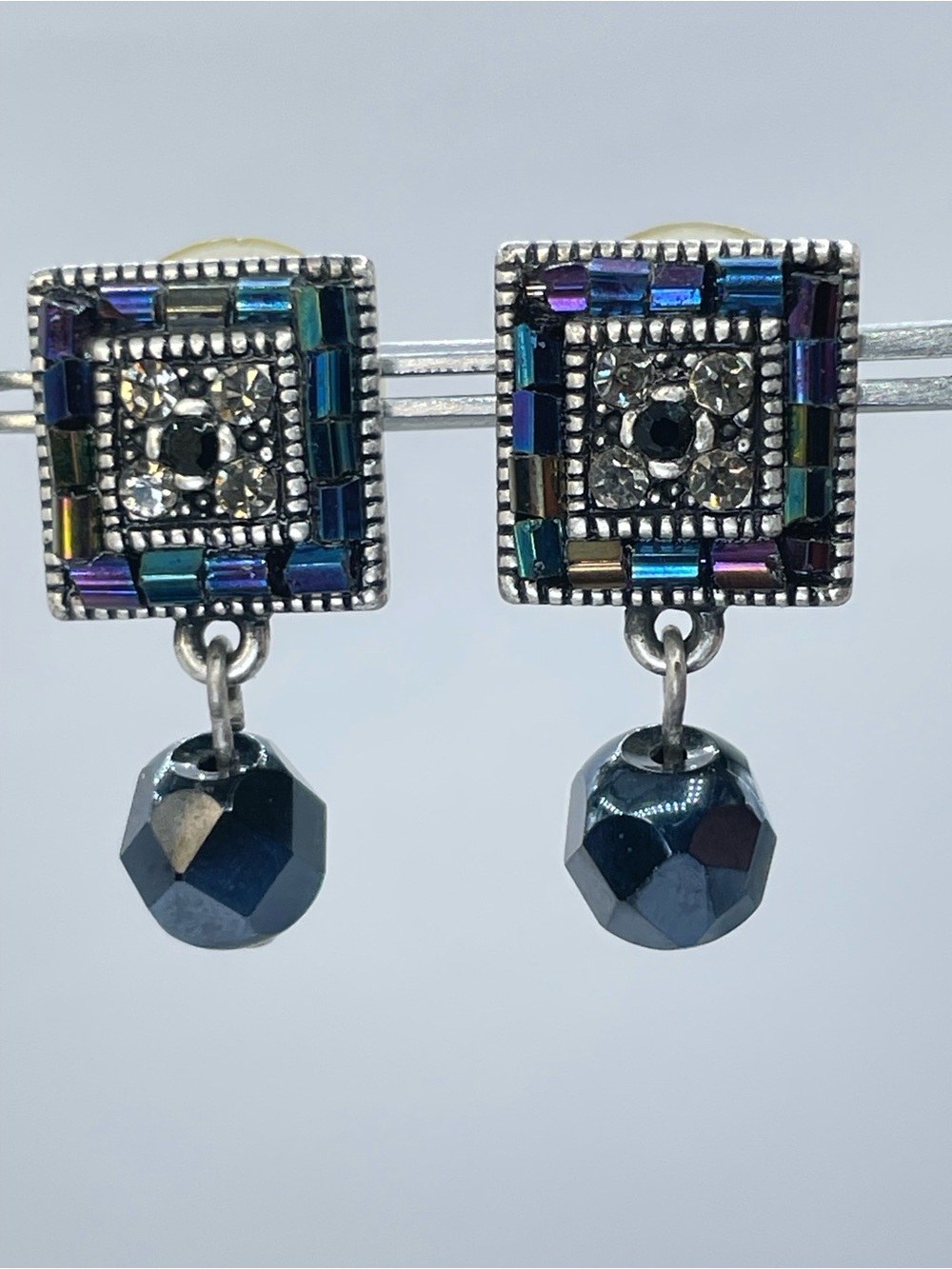 Vintage Silver Tone Blue Crystal Glass Art Deco Dangle Stud Earrings